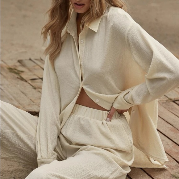 Tops - Shirt Pants 2 PC SET wide leg loose button collar spring summer womens cream
